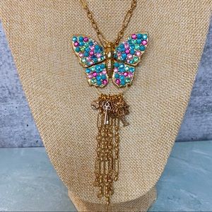 Teal and pink butterfly gold tone chain necklace